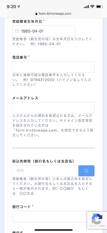 加古川市新生児特別定額給付金Webシステム入力画面