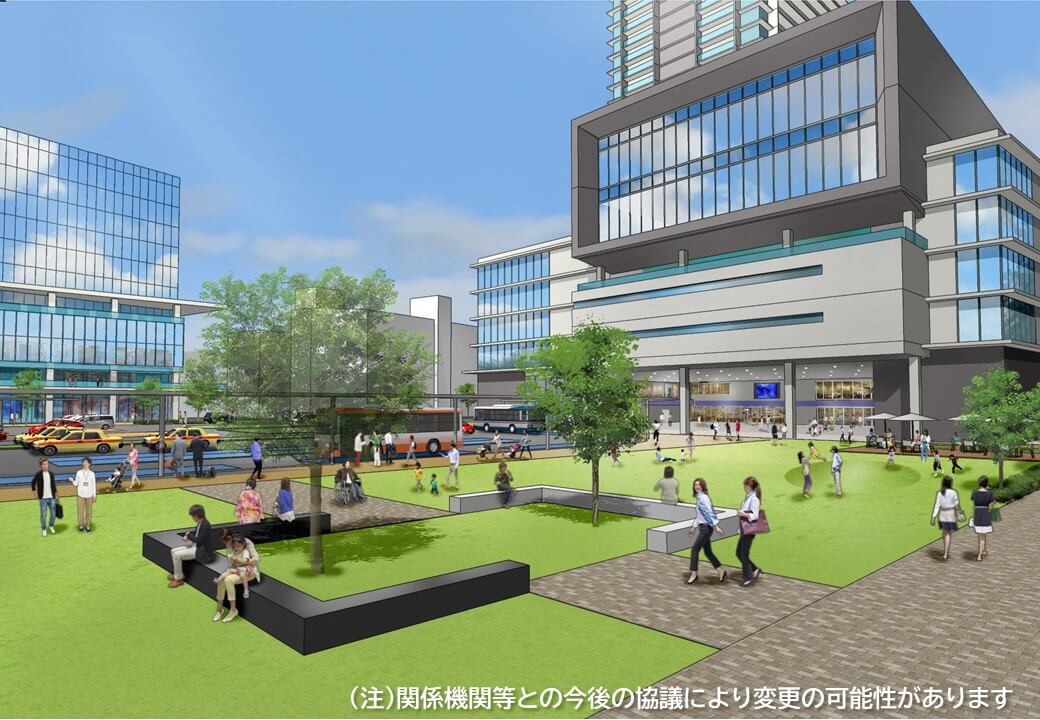 JR加古川駅周辺まちづくり（案）整備イメージ図。右奥がカピル21ビル、左奥がサンライズビルのイメージ。