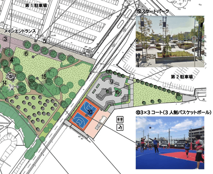 日岡山公園再整備、スケートパーク、3x3コートのイメージ図